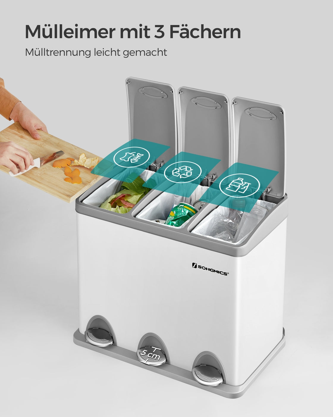 Prullenbak met 3 Vakken – Pedaalemmer voor Afvalscheiding – 3 x 8 Liter – Uitneembare Binnenemmers
