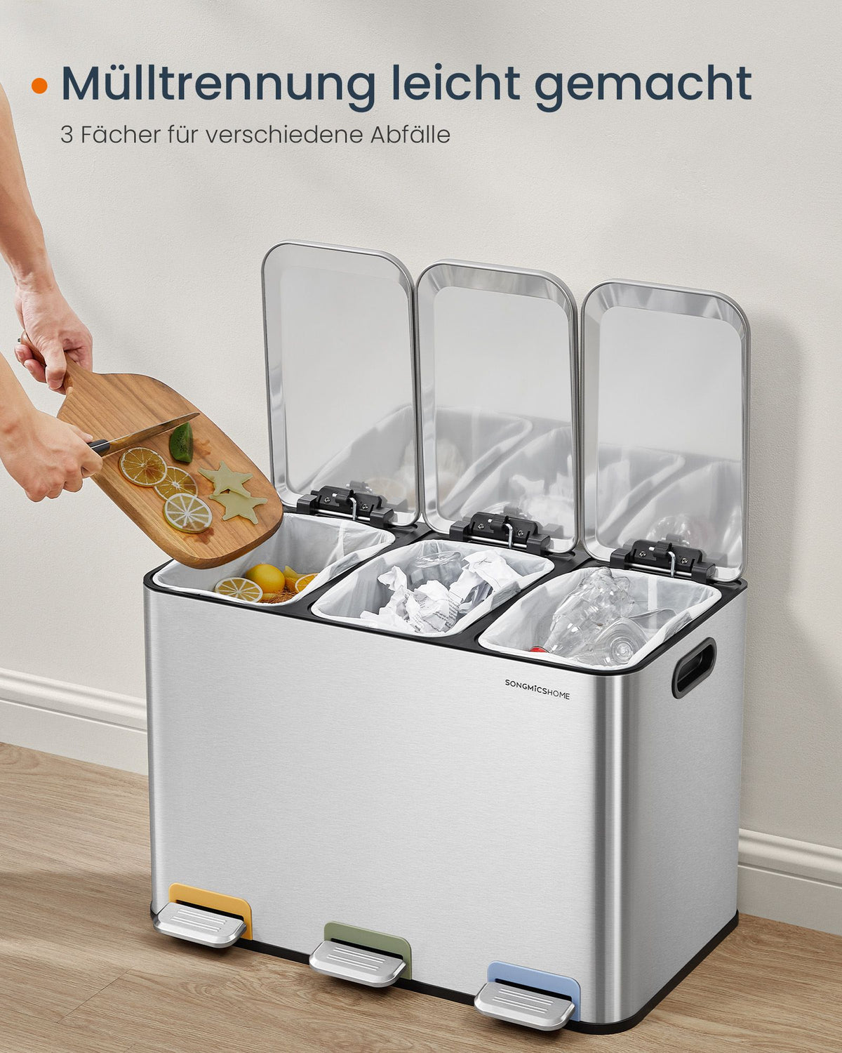 Prullenbak met 3 Vakken 3 x 15 L – Afvalscheiding met Gekleurde Pedalen – Softclose – Stalen Deksels