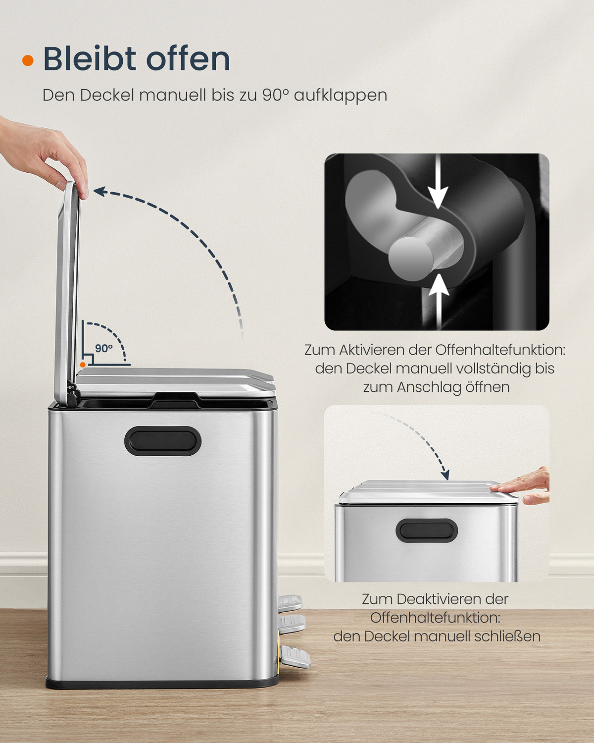 Prullenbak met 3 Vakken 3 x 15 L – Afvalscheiding met Gekleurde Pedalen – Softclose – Stalen Deksels