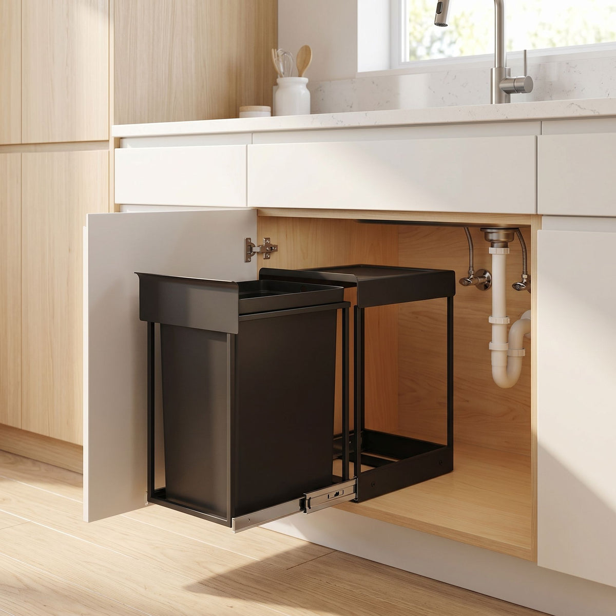 Uitschuifbare inbouwprullenbak – 2 vakken – Soft-Close – Afvalscheiding