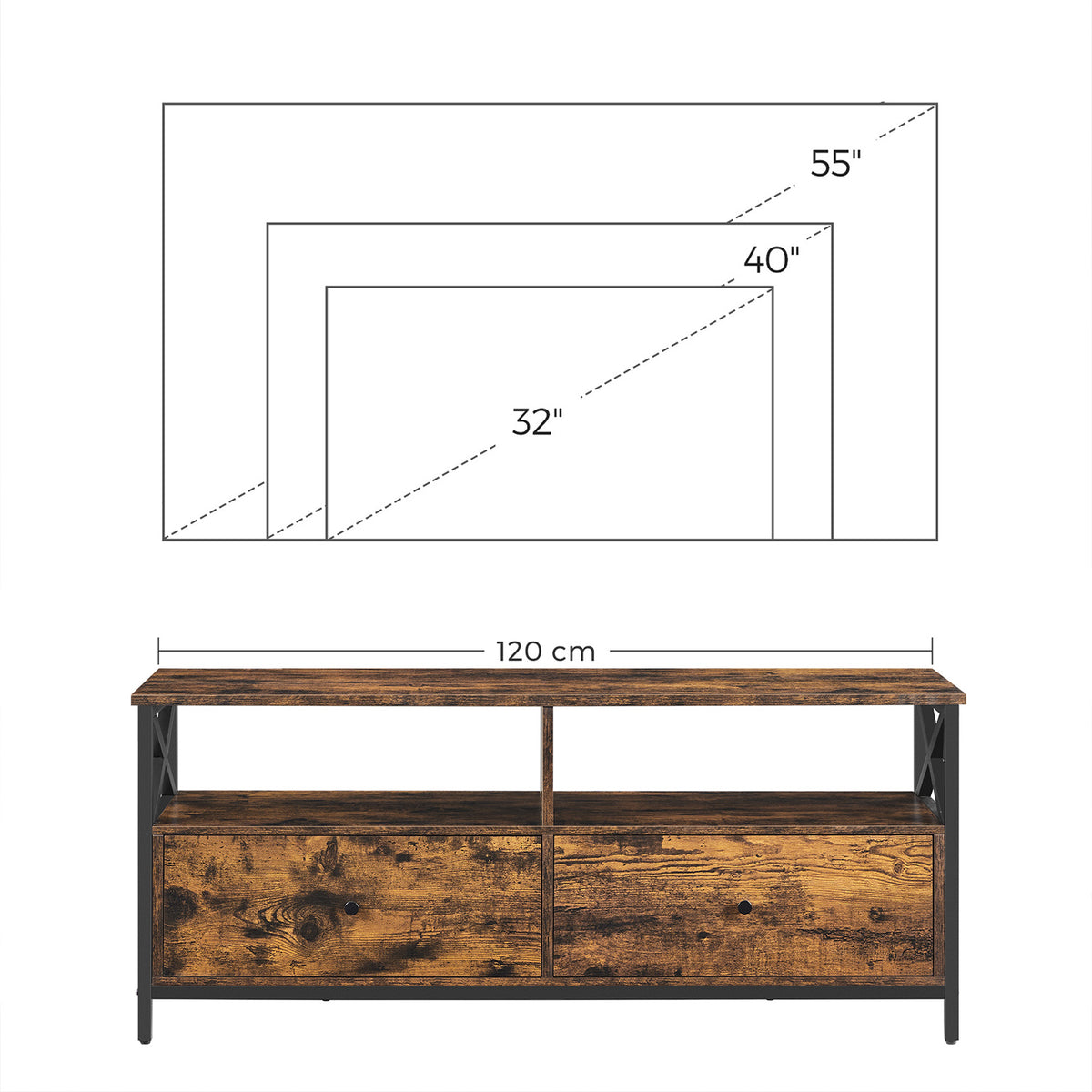 TV Meubel - Industrieel met X-Frame - Open Vakken en Lades - 120, 147 of 178 cm Breed