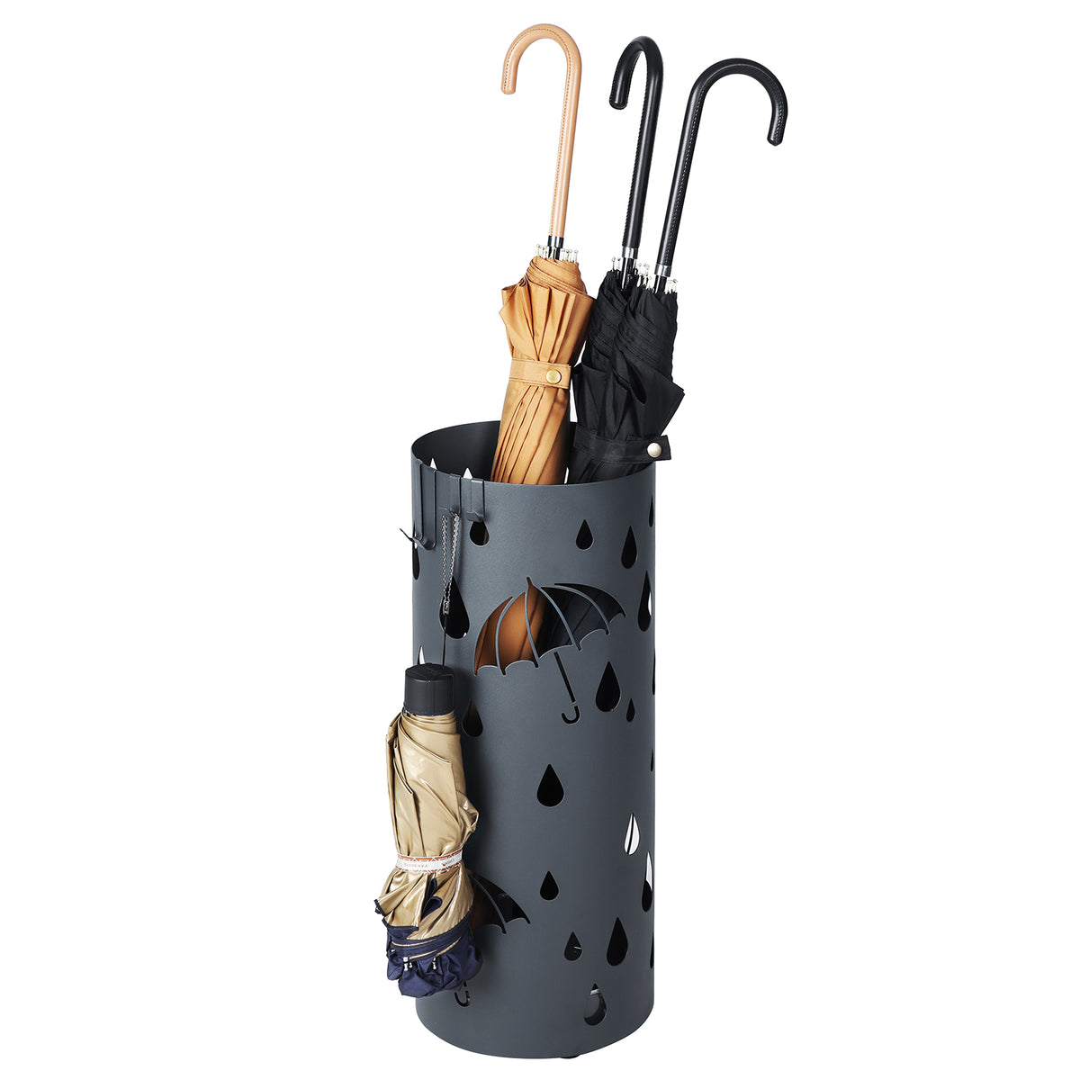Ronde Paraplubak met Druppelmotief – Lekbak & 4 Haken – Metaal – Antraciet – Ø 19,5 x 49 cm