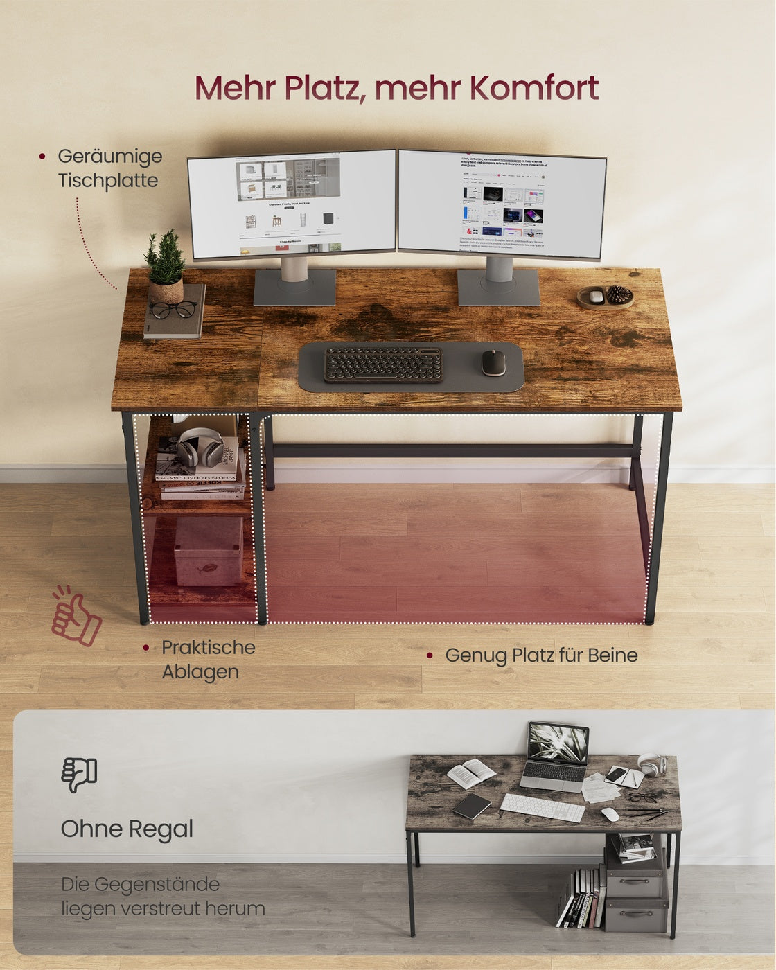Bureau Industrieel – Computertafel met 2 Legplanken Links of Rechts