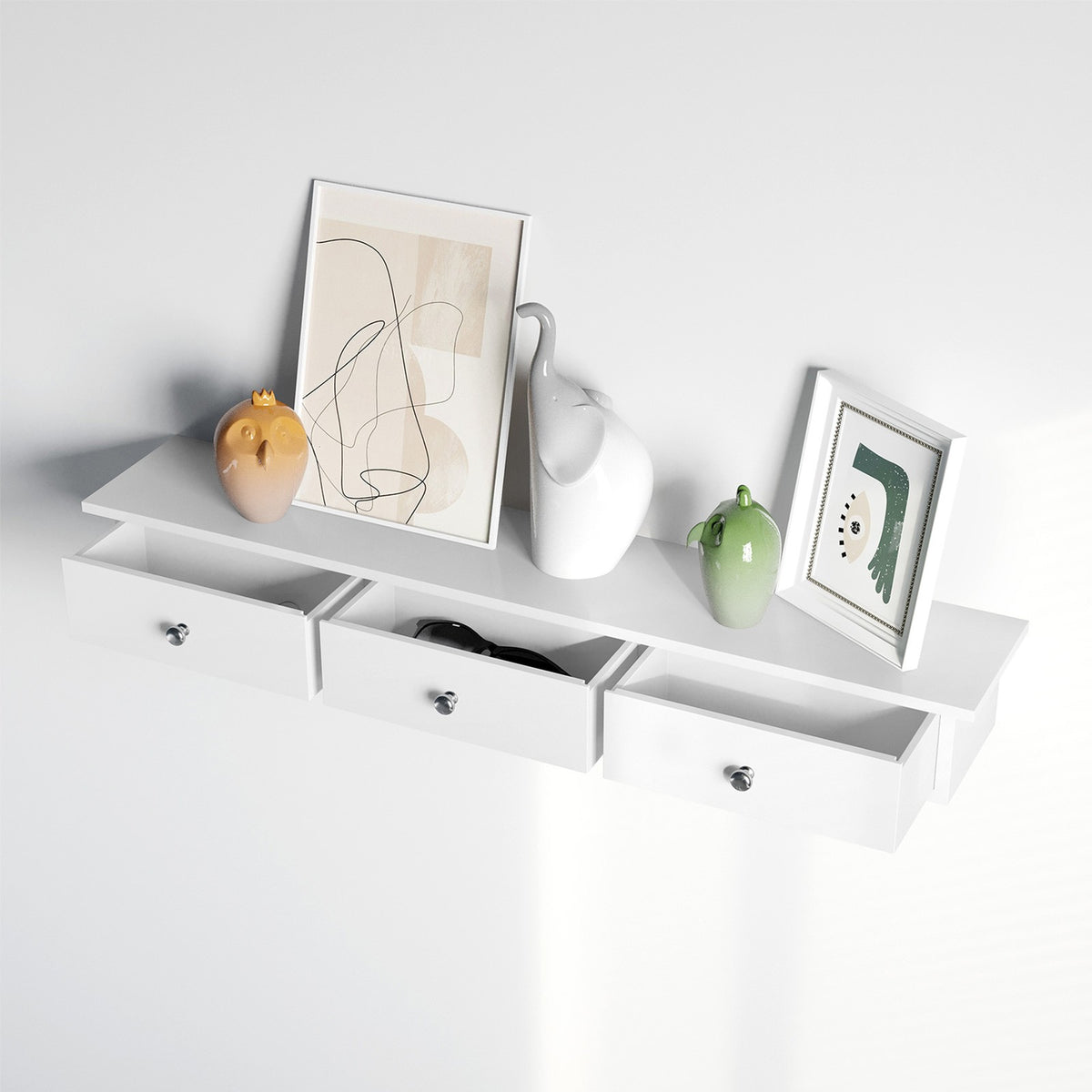 Zwevende Wandplank met 3 Lades – Wit – Wandrek voor Hal, Keuken of Slaapkamer – 80 cm – Tot 15 kg