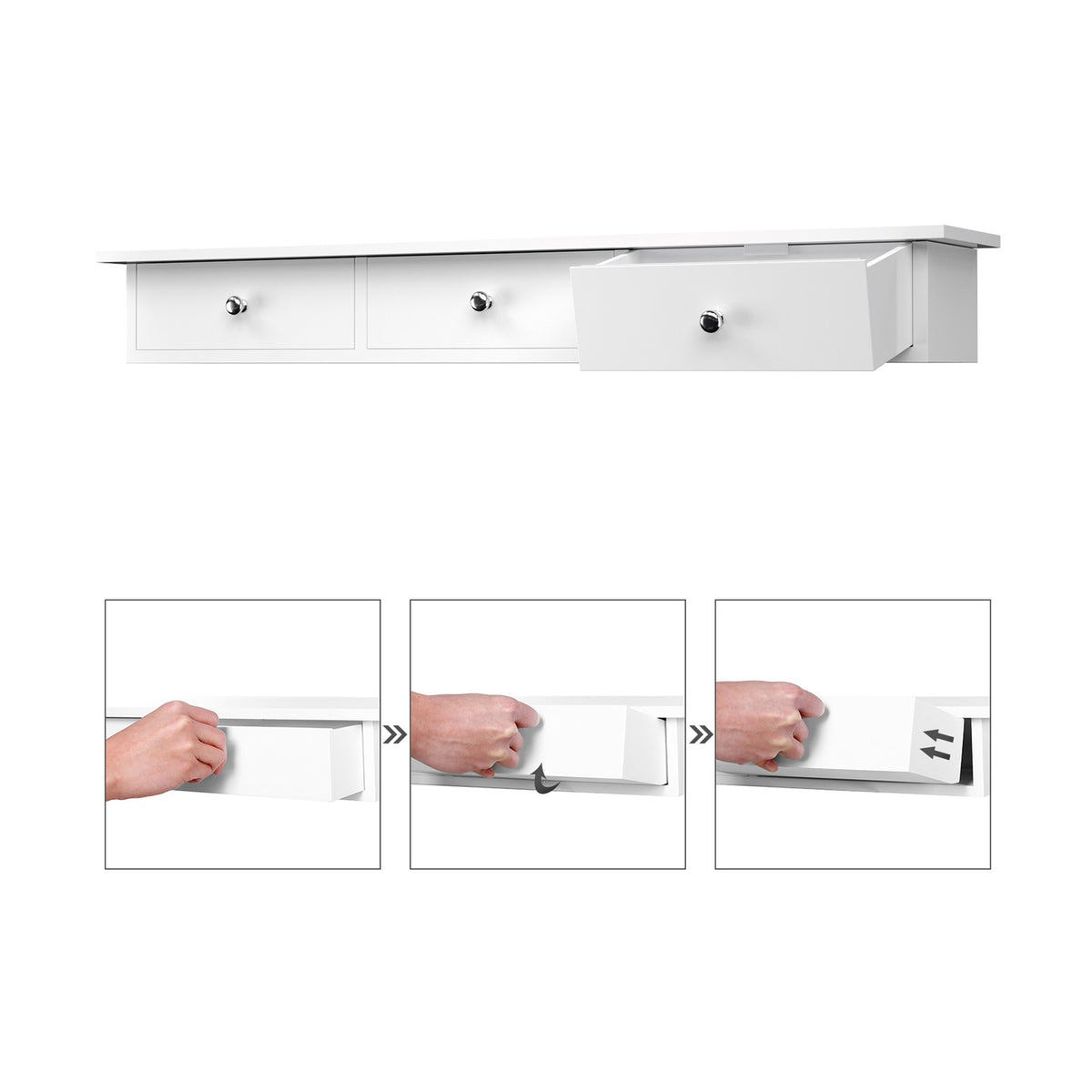 Zwevende Wandplank met 3 Lades – Wit – Wandrek voor Hal, Keuken of Slaapkamer – 80 cm – Tot 15 kg