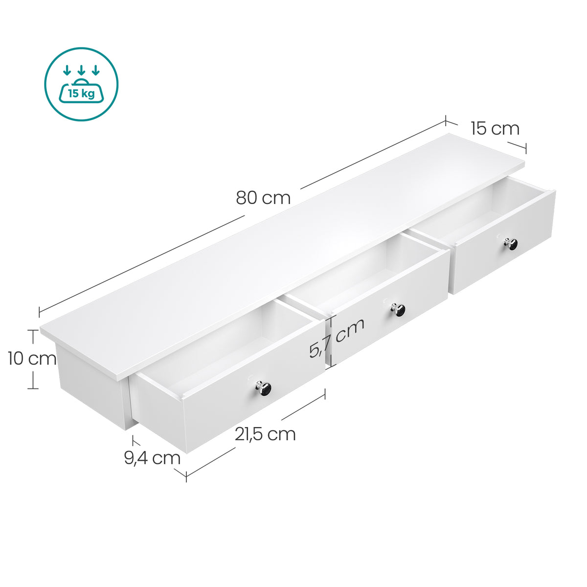 Zwevende Wandplank met 3 Lades – Wit – Wandrek voor Hal, Keuken of Slaapkamer – 80 cm – Tot 15 kg