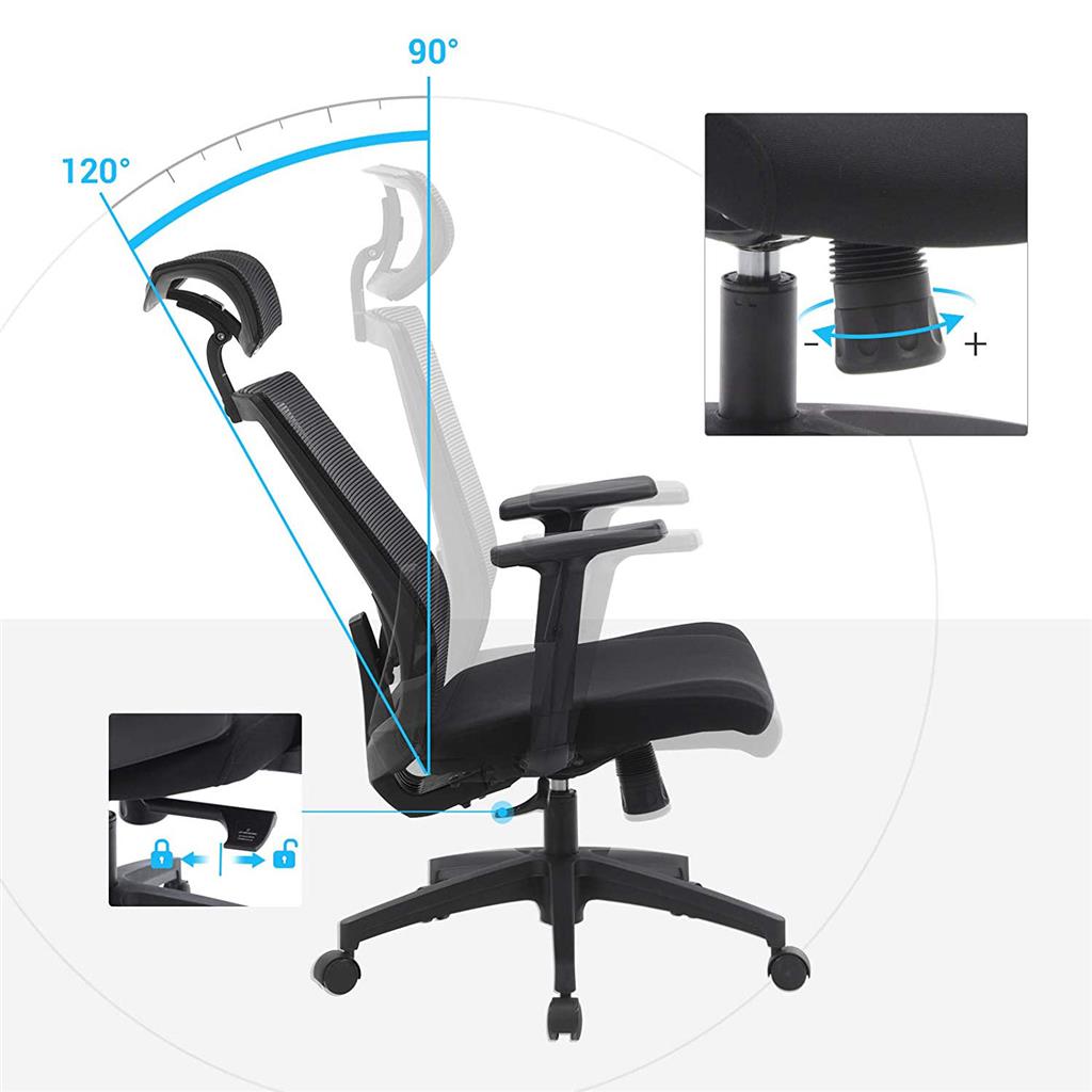 Ergonomische Bureaustoel met Netrug – Verstelbare Hoofd- en Lendensteun – Kantelbaar tot 120°