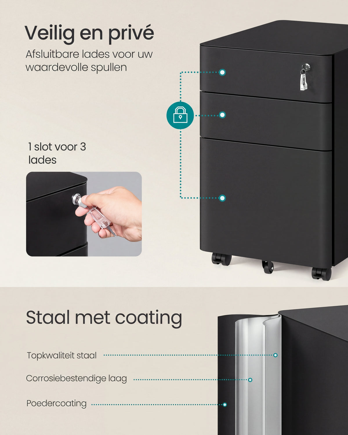 Archiefkast met 3 Laden - Ladeblok - Kast met Wieltjes