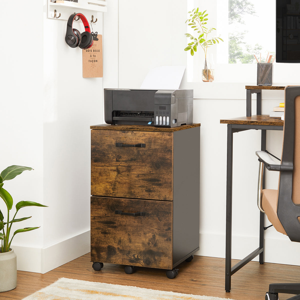 Ladeblok op Wieltjes met 2 Hangmappenlades – Industrieel – Vintage Bruin/Zwart – 42 x 40 x 70 cm