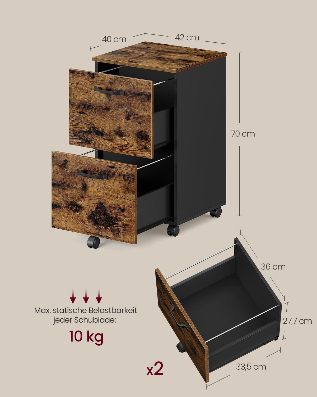 Ladeblok op Wieltjes met 2 Hangmappenlades – Industrieel – Vintage Bruin/Zwart – 42 x 40 x 70 cm