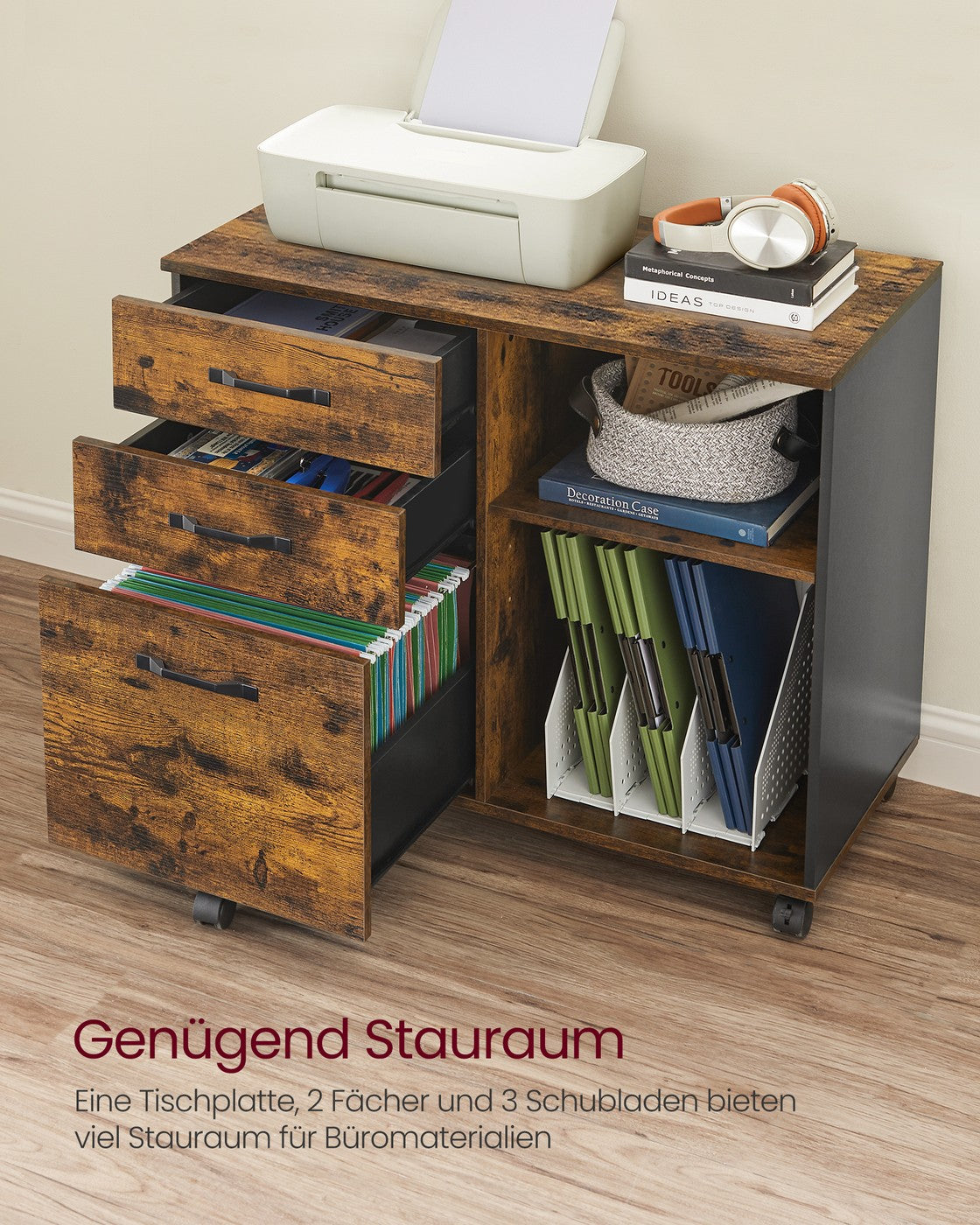 Verrijdbare Archiefkast met 3 Lades & 2 Open Vakken – Hangmappenlade – Verstelbare Plank – 80 cm