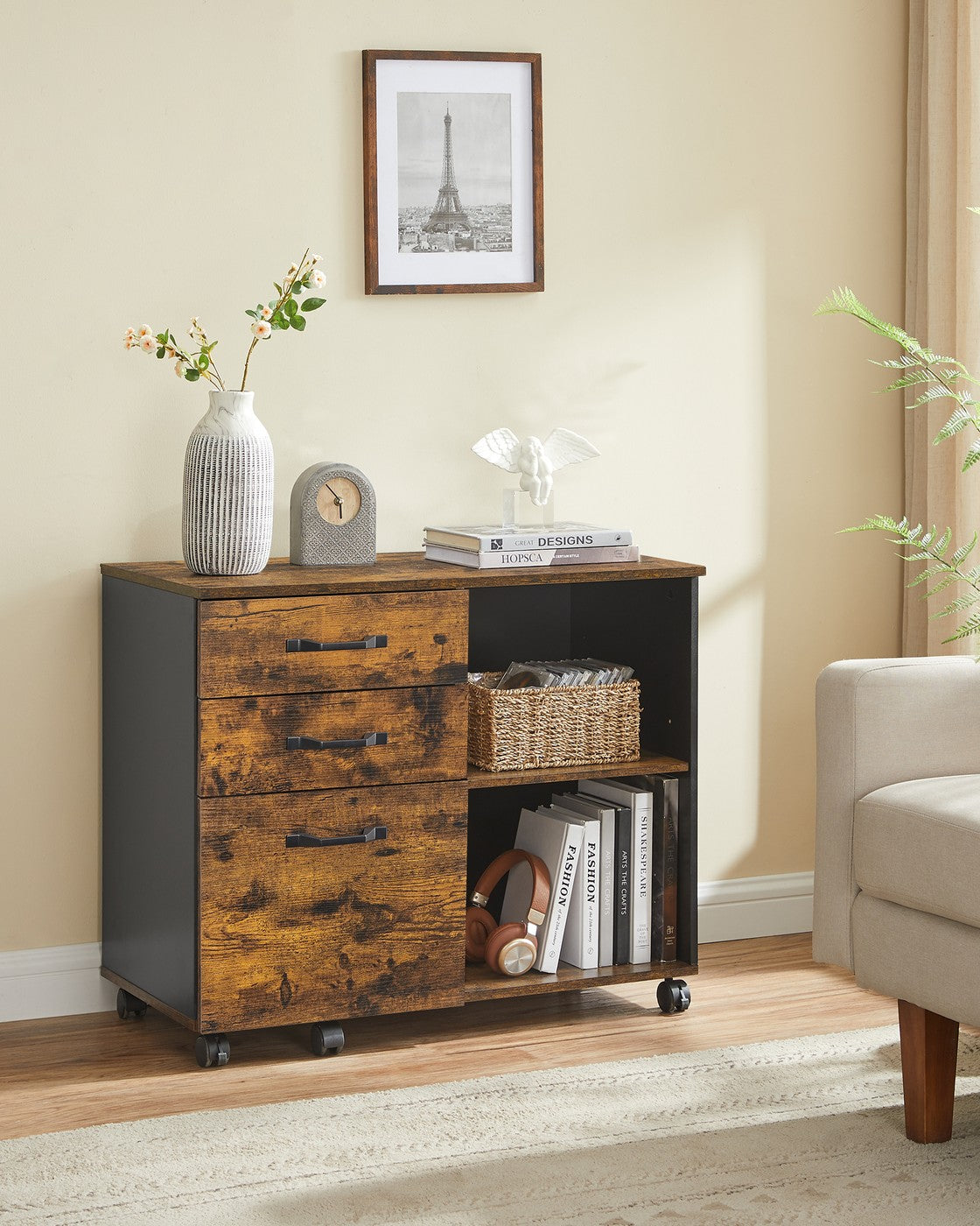 Verrijdbare Archiefkast met 3 Lades & 2 Open Vakken – Hangmappenlade – Verstelbare Plank – 80 cm