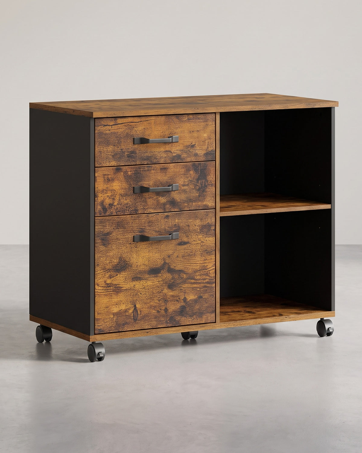 Verrijdbare Archiefkast met 3 Lades & 2 Open Vakken – Hangmappenlade – Verstelbare Plank – 80 cm