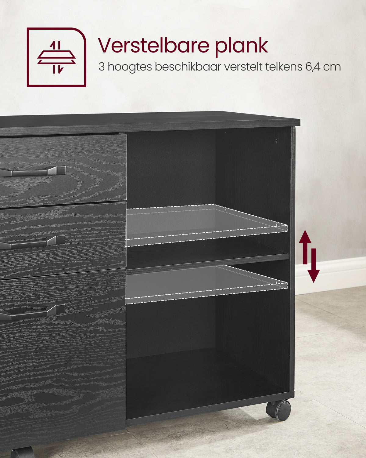Verrijdbare Archiefkast met 3 Lades & 2 Open Vakken – Hangmappenlade – Verstelbare Plank – 80 cm