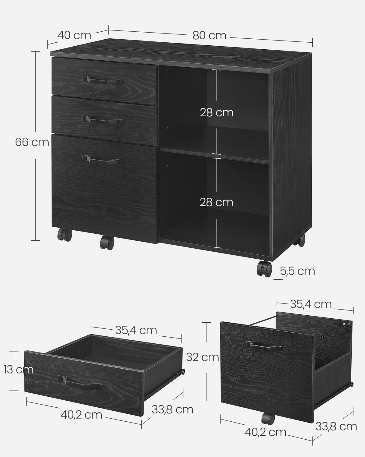 Verrijdbare Archiefkast met 3 Lades & 2 Open Vakken – Hangmappenlade – Verstelbare Plank – 80 cm