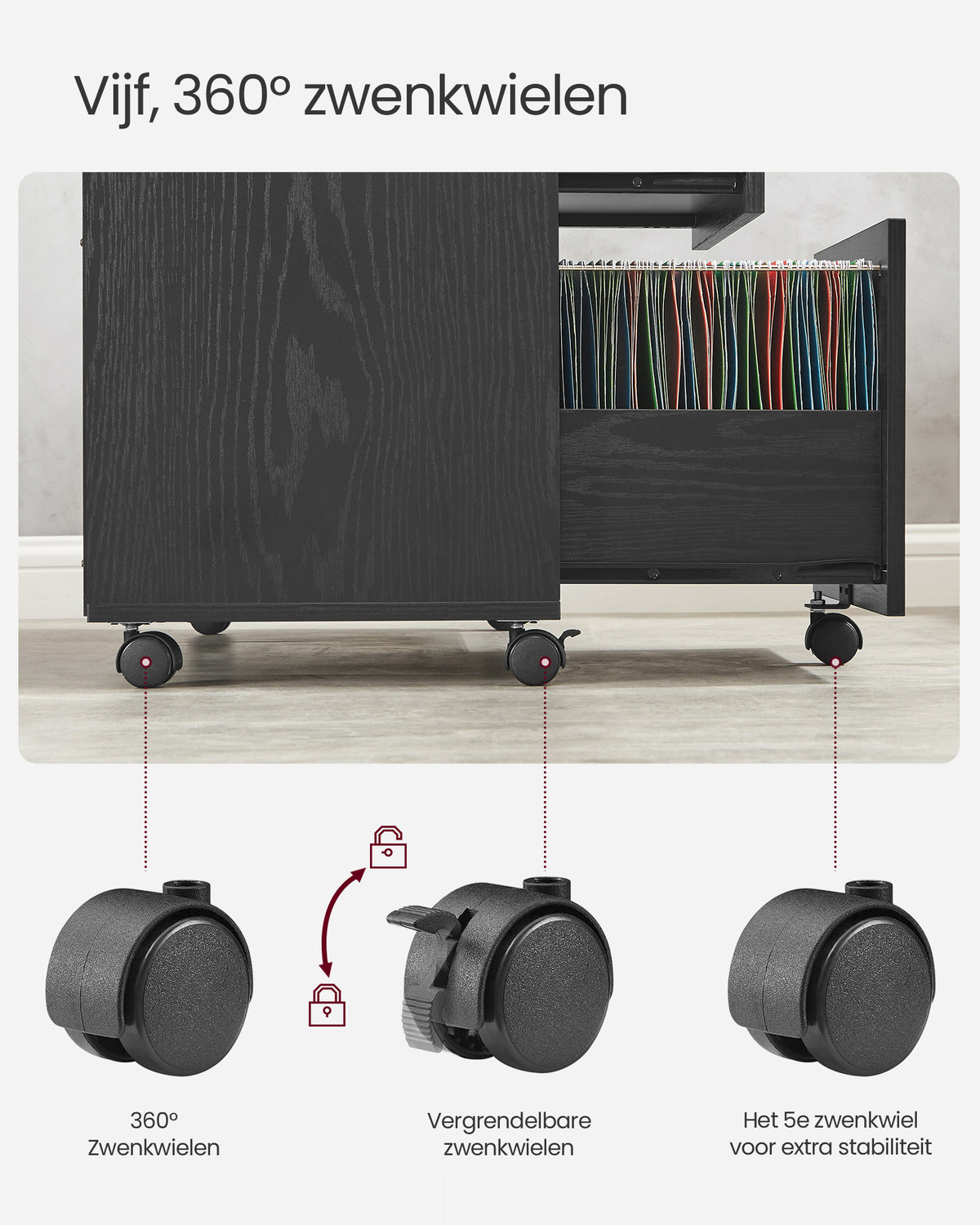 Verrijdbare Archiefkast met 3 Lades & 2 Open Vakken – Hangmappenlade – Verstelbare Plank – 80 cm