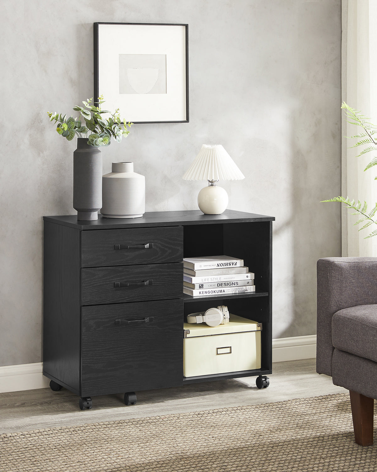 Verrijdbare Archiefkast met 3 Lades & 2 Open Vakken – Hangmappenlade – Verstelbare Plank – 80 cm