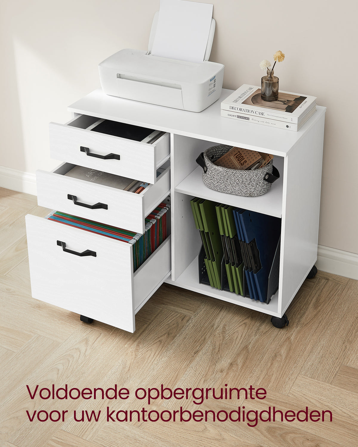 Verrijdbare Archiefkast met 3 Lades & 2 Open Vakken – Hangmappenlade – Verstelbare Plank – 80 cm