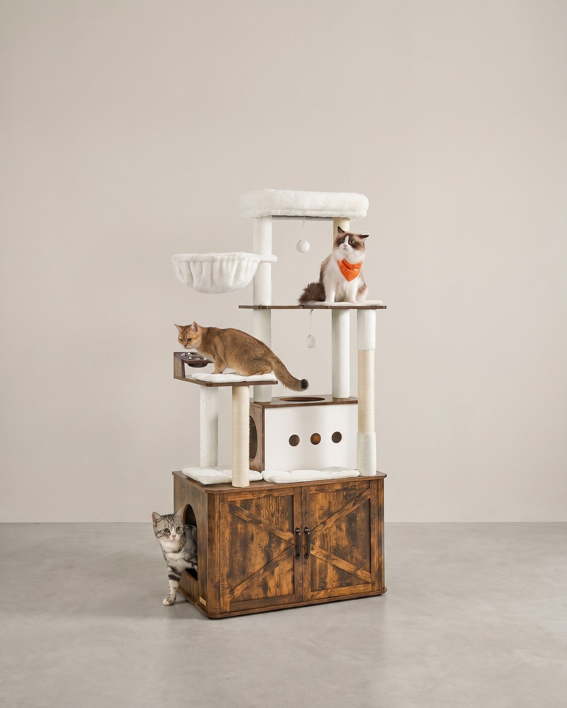 Kattenkrabpaal 170 cm - Grote Krabpaal met Kattenhuis - Verhoogde Voerbakken & Opbergruimte