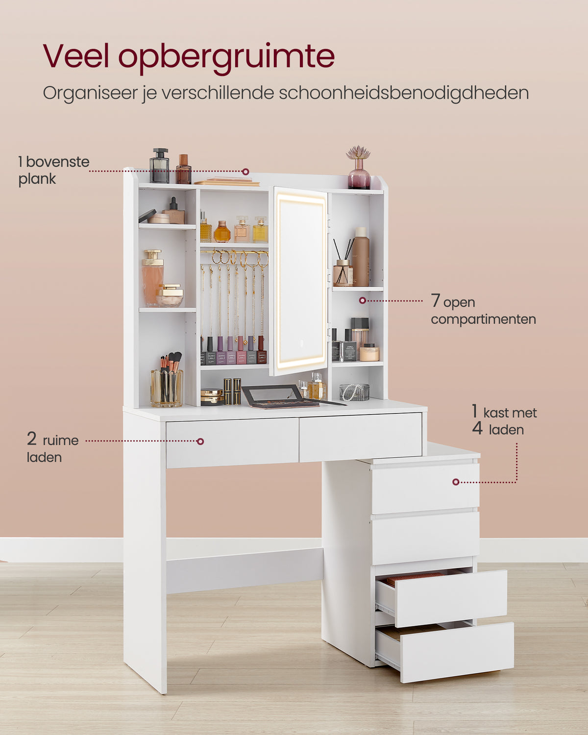 Make-uptafel met LED-verlichting en veel opbergruimte - Modern en Praktisch