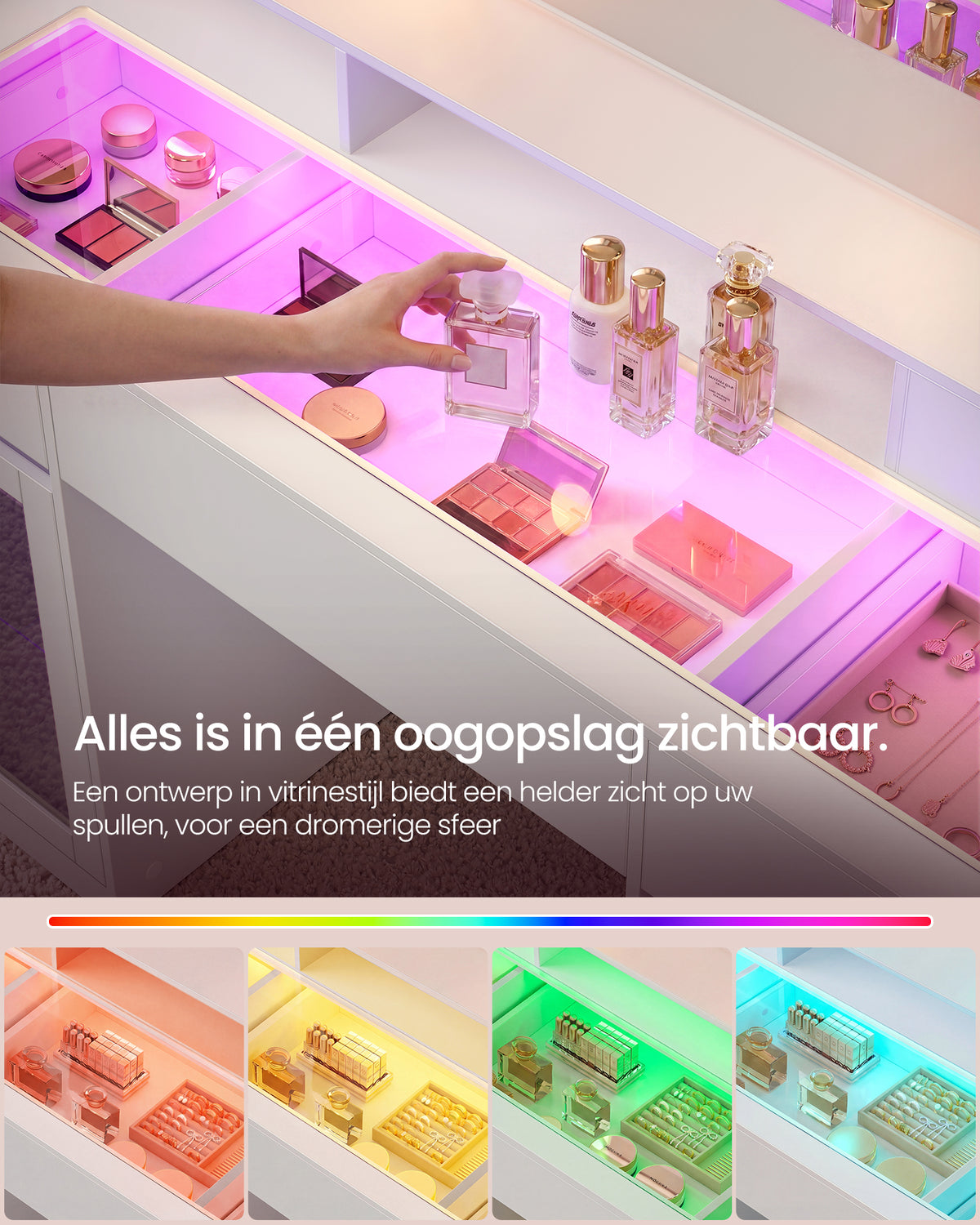 Kaptafel met RGB-Verlichting en Verlichte Spiegel – 2 Glazen Kastjes – Stopcontact & USB – 107 cm