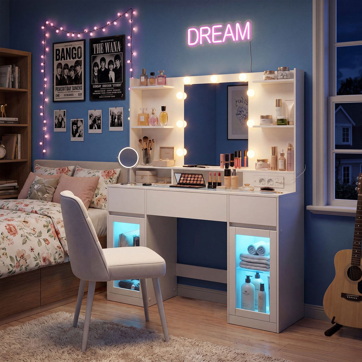 Kaptafel met RGB-Verlichting en Verlichte Spiegel – 2 Glazen Kastjes – Stopcontact & USB – 107 cm
