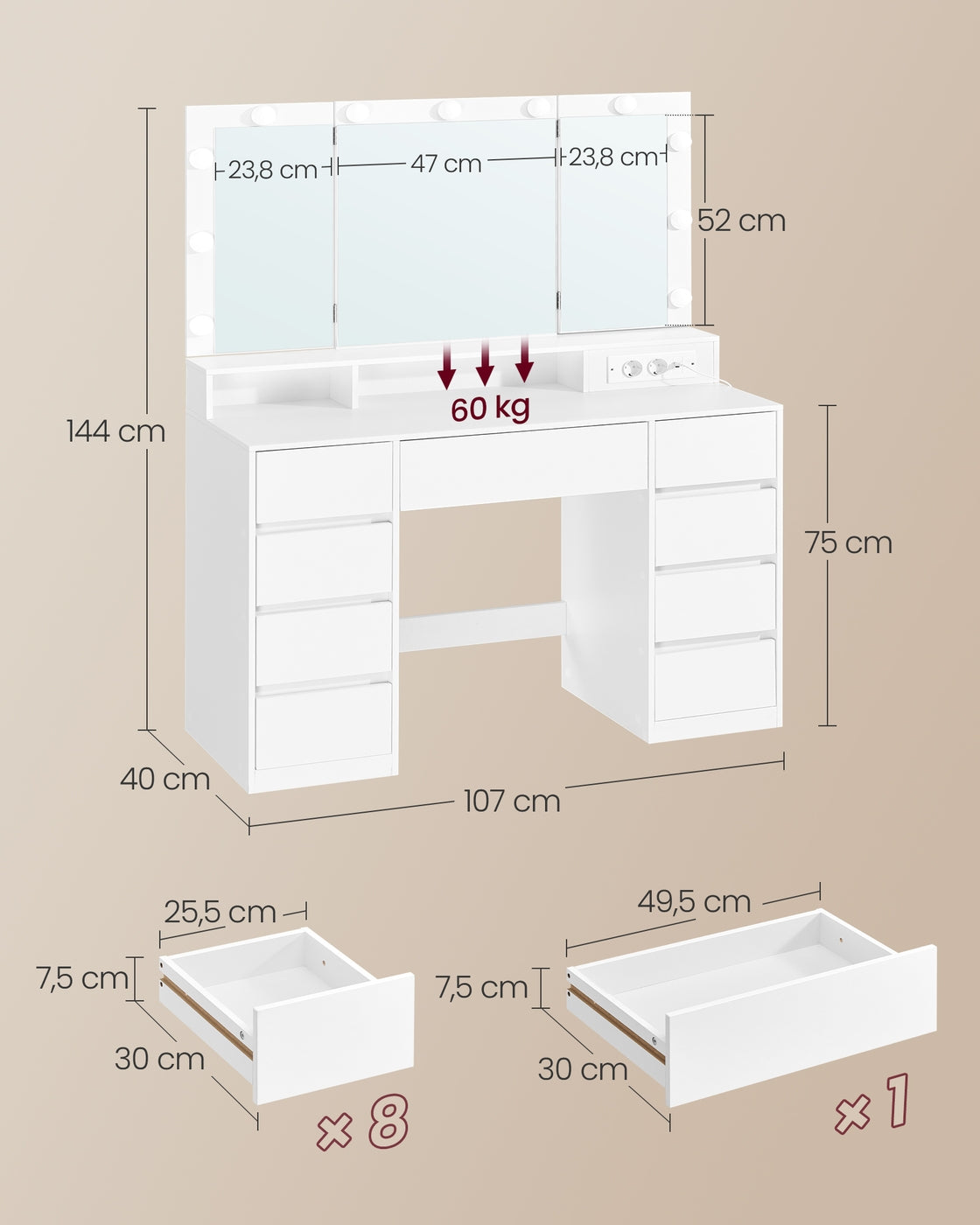 Kaptafel met Driedelige Verlichte Klapspiegel – 9 Lades – Stopcontacten & USB – 107 cm