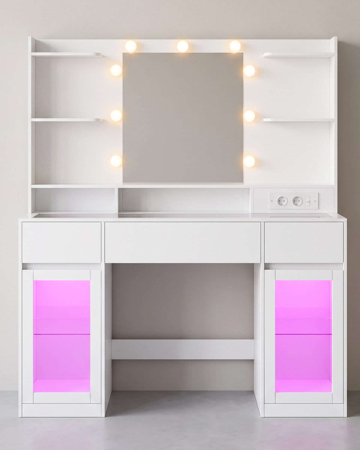 Kaptafel met RGB-Verlichting en Verlichte Spiegel – 2 Glazen Kastjes – Stopcontact & USB – 107 cm