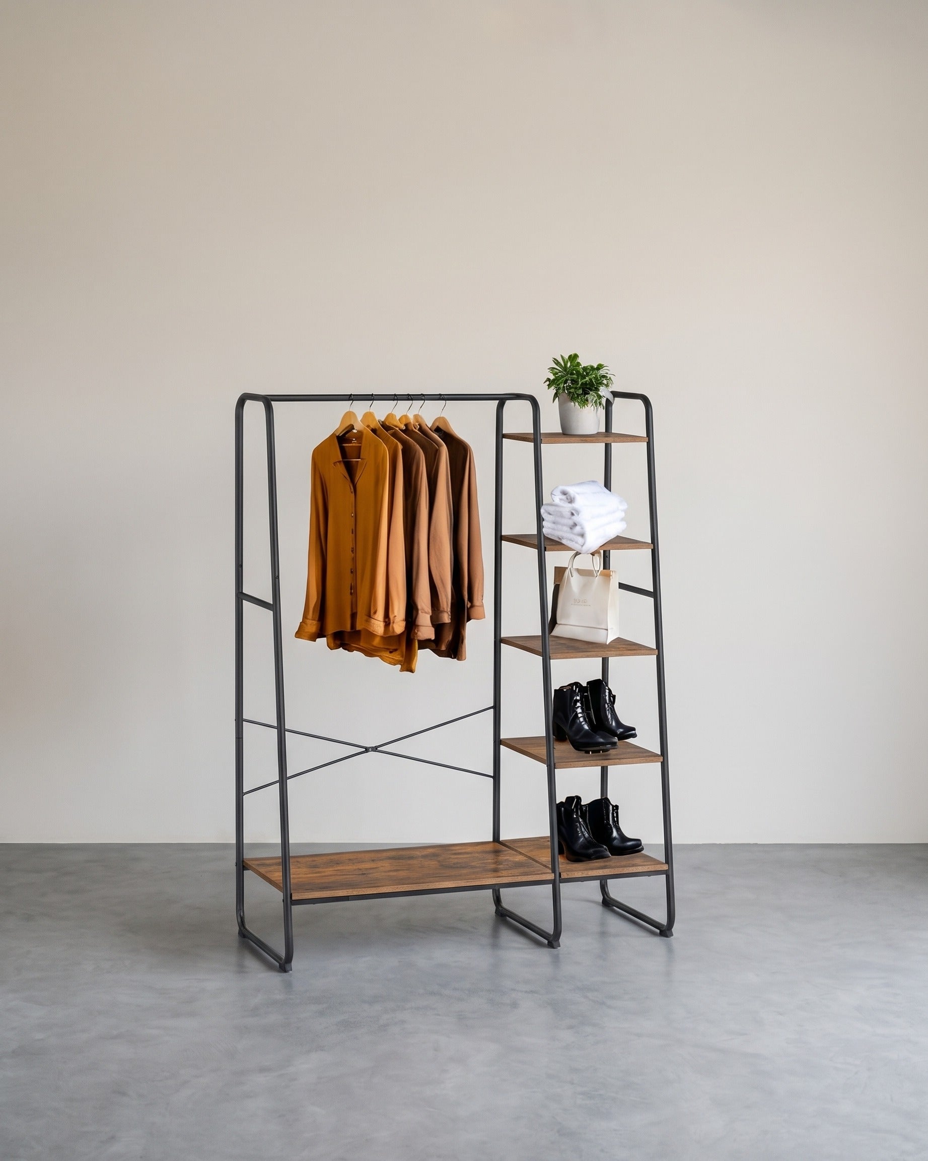 Kledingrek Alles-in-één – Kledingstang + 5 Planken + 6 Haken – tot 220 kg – Garderoberek voor Slaapkamer & Hal
