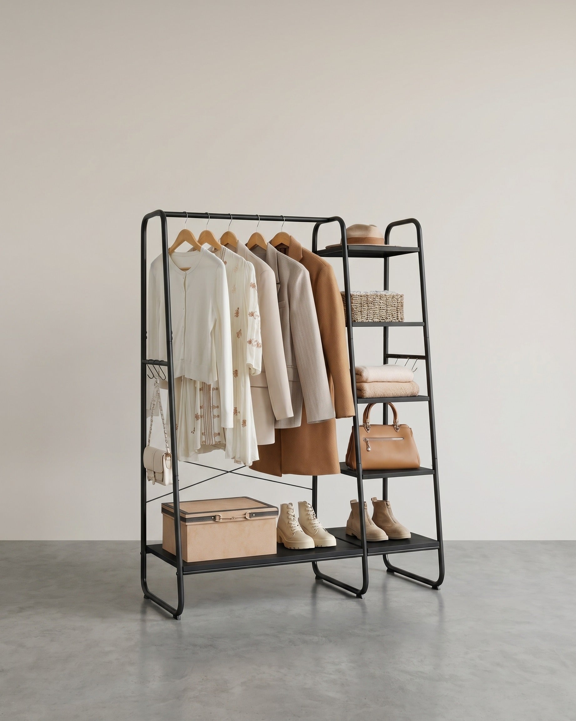 Kledingrek Alles-in-één – Kledingstang + 5 Planken + 6 Haken – tot 220 kg – Garderoberek voor Slaapkamer & Hal