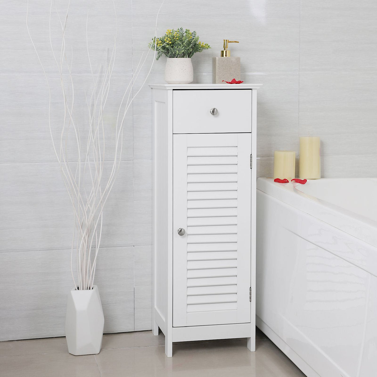 Smalle Badkamerkast met Lamellendeur en Lade – 2 Vakken – Met Kantelbeveiliging – 32 x 30 x 87 cm