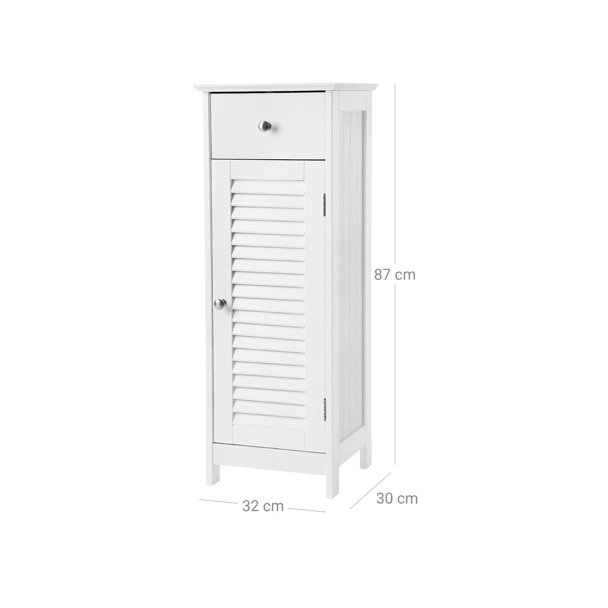 Smalle Badkamerkast met Lamellendeur en Lade – 2 Vakken – Met Kantelbeveiliging – 32 x 30 x 87 cm