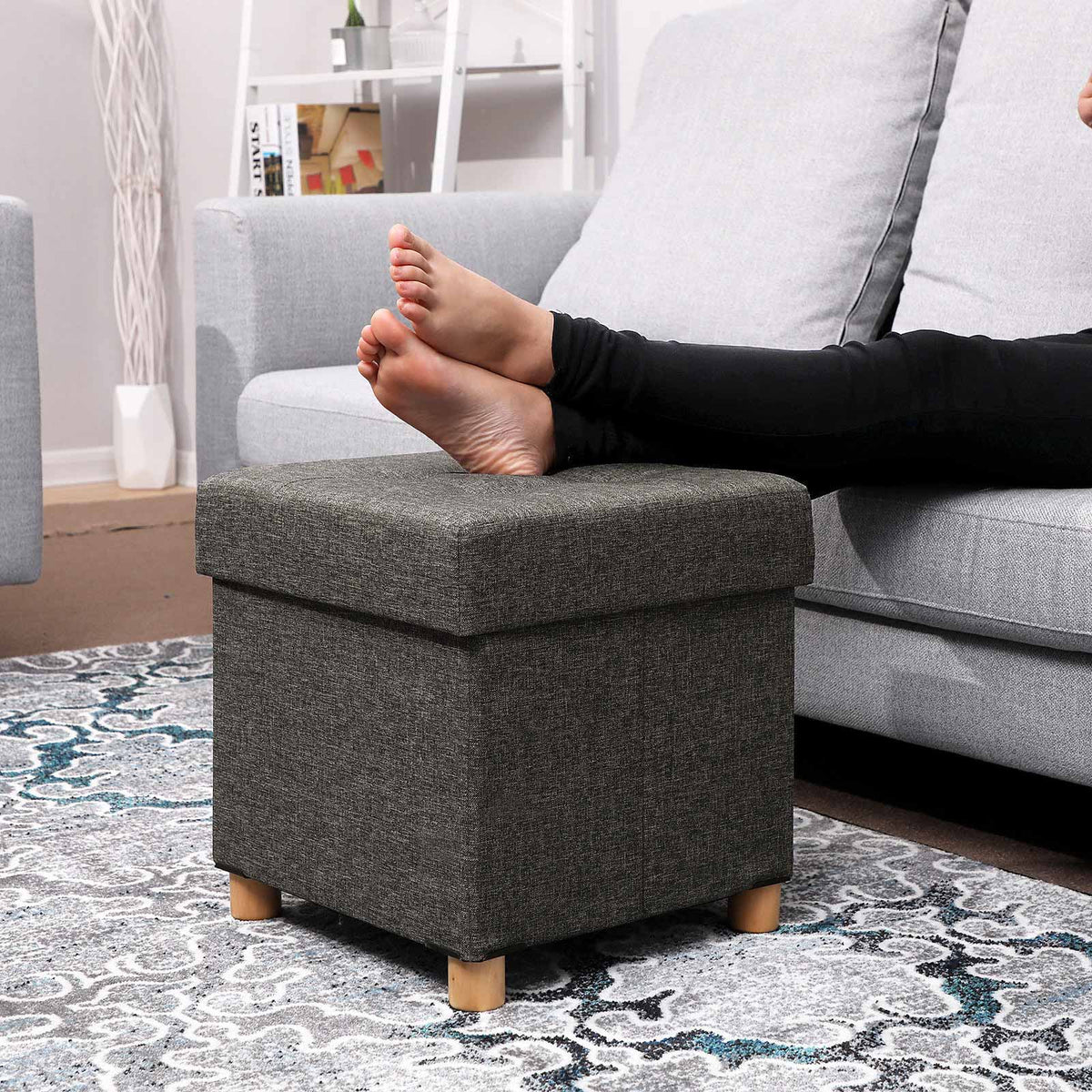 Opbergpoef met Houten Pootjes – Opvouwbaar – 37 L Opbergruimte – Tot 300 kg – 38 x 38 x 40 cm
