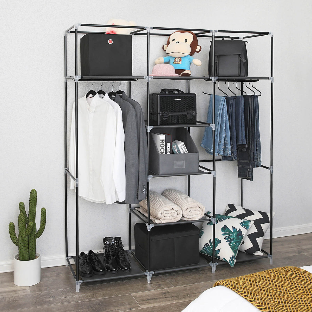 Stoffen Kledingkast – Opvouwbare Garderobekast met Kledingstangen en Planken – 150 x 45 x 175 cm