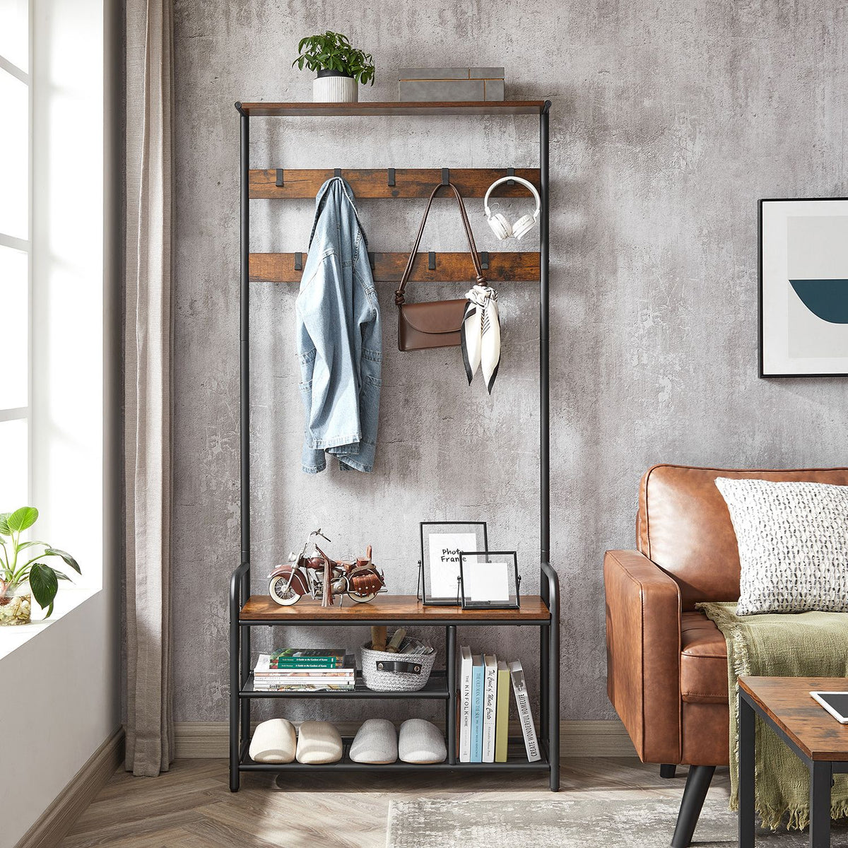 Kapstok met Zitbank – Haken, Bovenplank & 2 Schoenenplanken – Metalen Frame – 85 x 180 cm