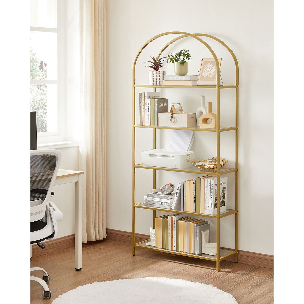 Boekenkast met Boog – 5 Planken van Gehard Glas – Goudkleurig Stalen Frame – 83 x 30 x 183,5 cm