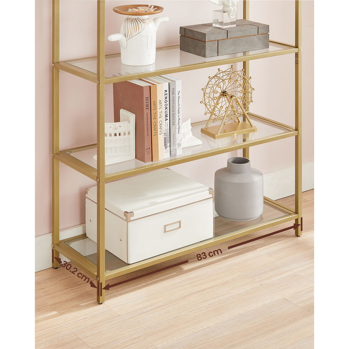 Boekenkast met Boog – 5 Planken van Gehard Glas – Goudkleurig Stalen Frame – 83 x 30 x 183,5 cm