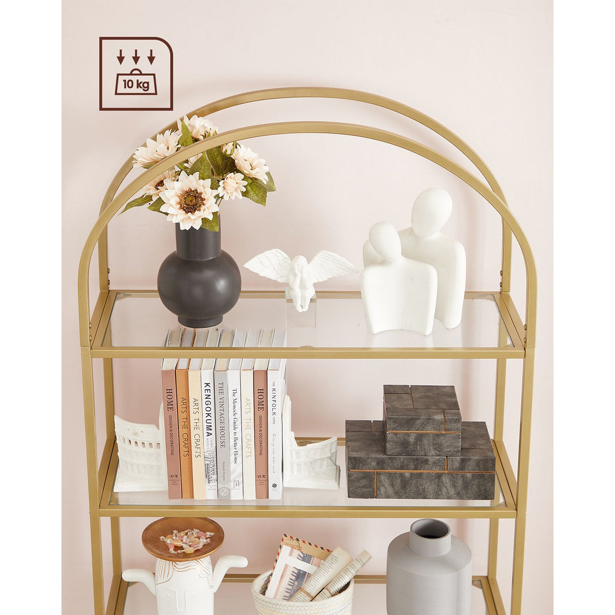Boekenkast met Boog – 5 Planken van Gehard Glas – Goudkleurig Stalen Frame – 83 x 30 x 183,5 cm