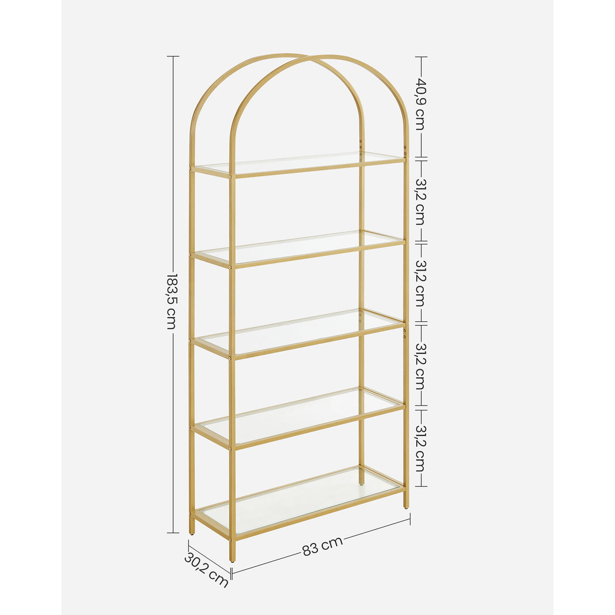Boekenkast met Boog – 5 Planken van Gehard Glas – Goudkleurig Stalen Frame – 83 x 30 x 183,5 cm