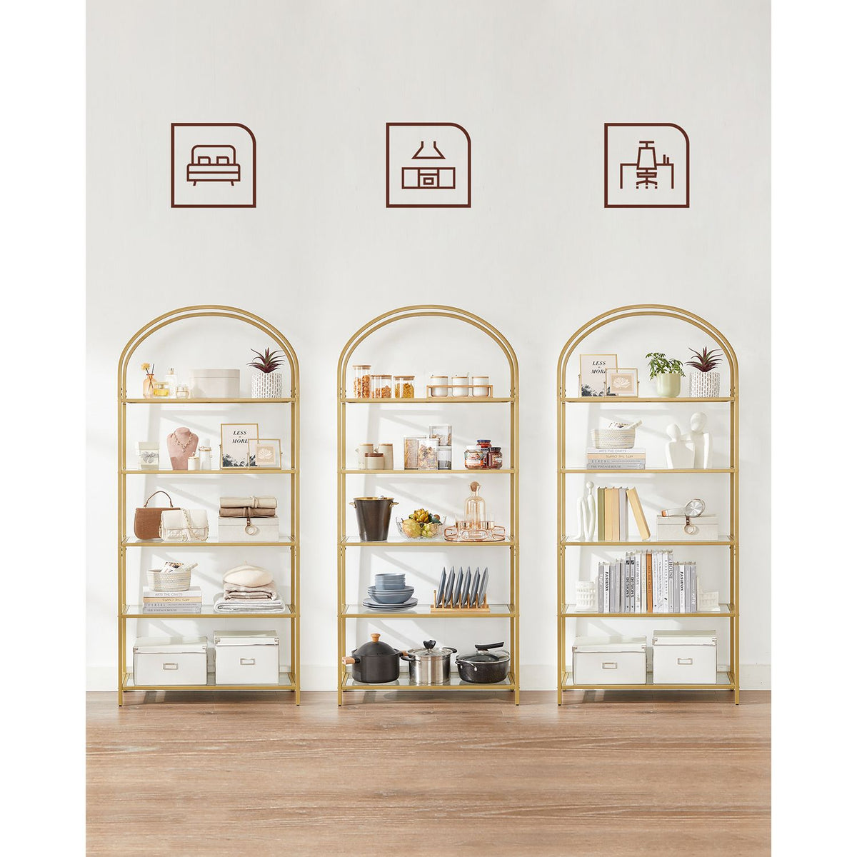 Boekenkast met Boog – 5 Planken van Gehard Glas – Goudkleurig Stalen Frame – 83 x 30 x 183,5 cm