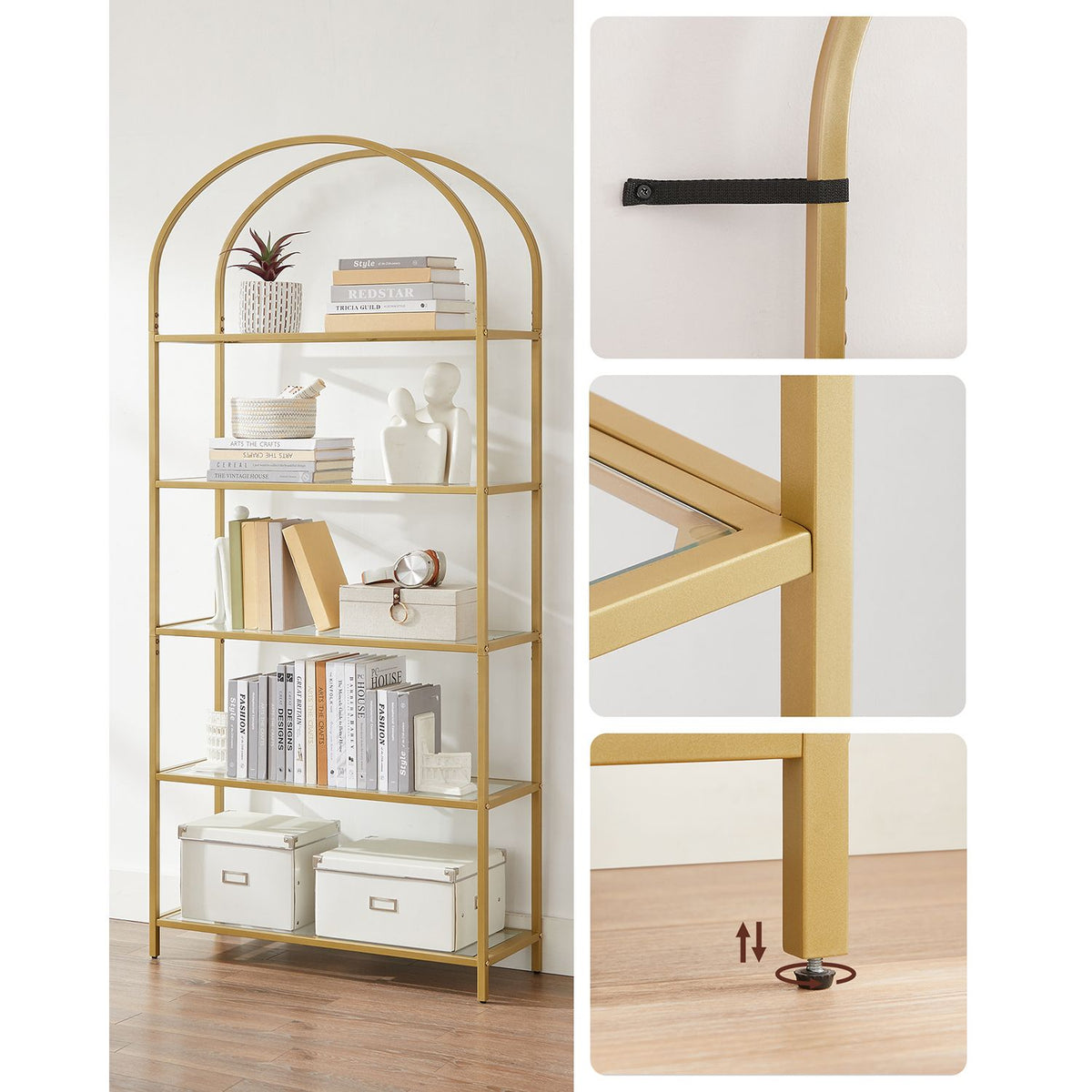 Boekenkast met Boog – 5 Planken van Gehard Glas – Goudkleurig Stalen Frame – 83 x 30 x 183,5 cm