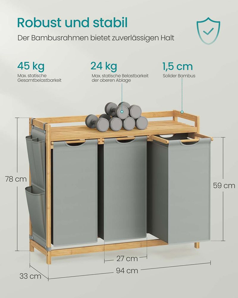 Bamboe Wasmand met 3 Vakken - 150 Liter - De Vries Meubels