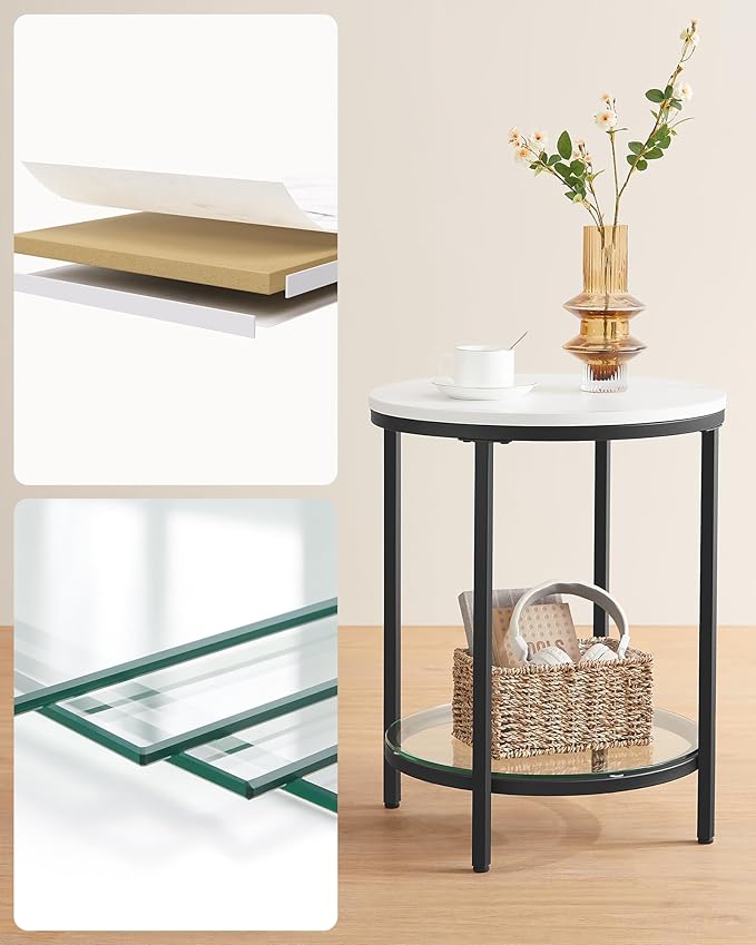 Bijzettafel Marmerlook - Nachtkastje met 2 niveaus - Gehard glas - Woonkamer - Slaapkamer - De Vries Meubels