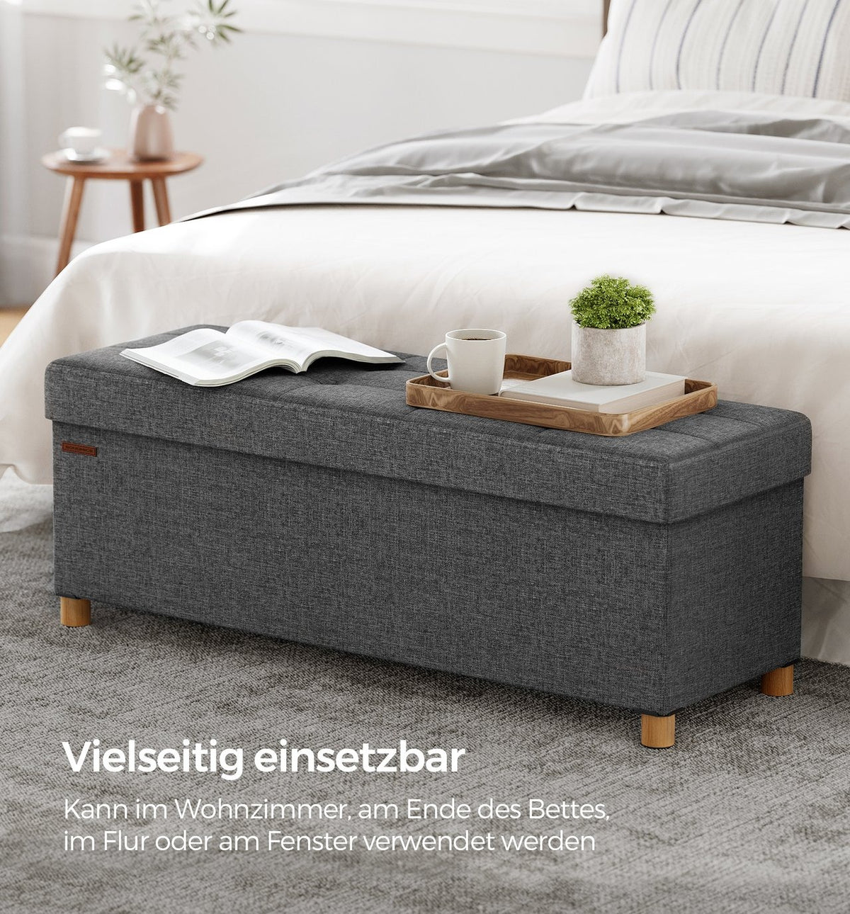Opbergbank met Houten Pootjes – Opvouwbare Hocker in Linnenlook – Tot 300 kg – 76 of 110 cm