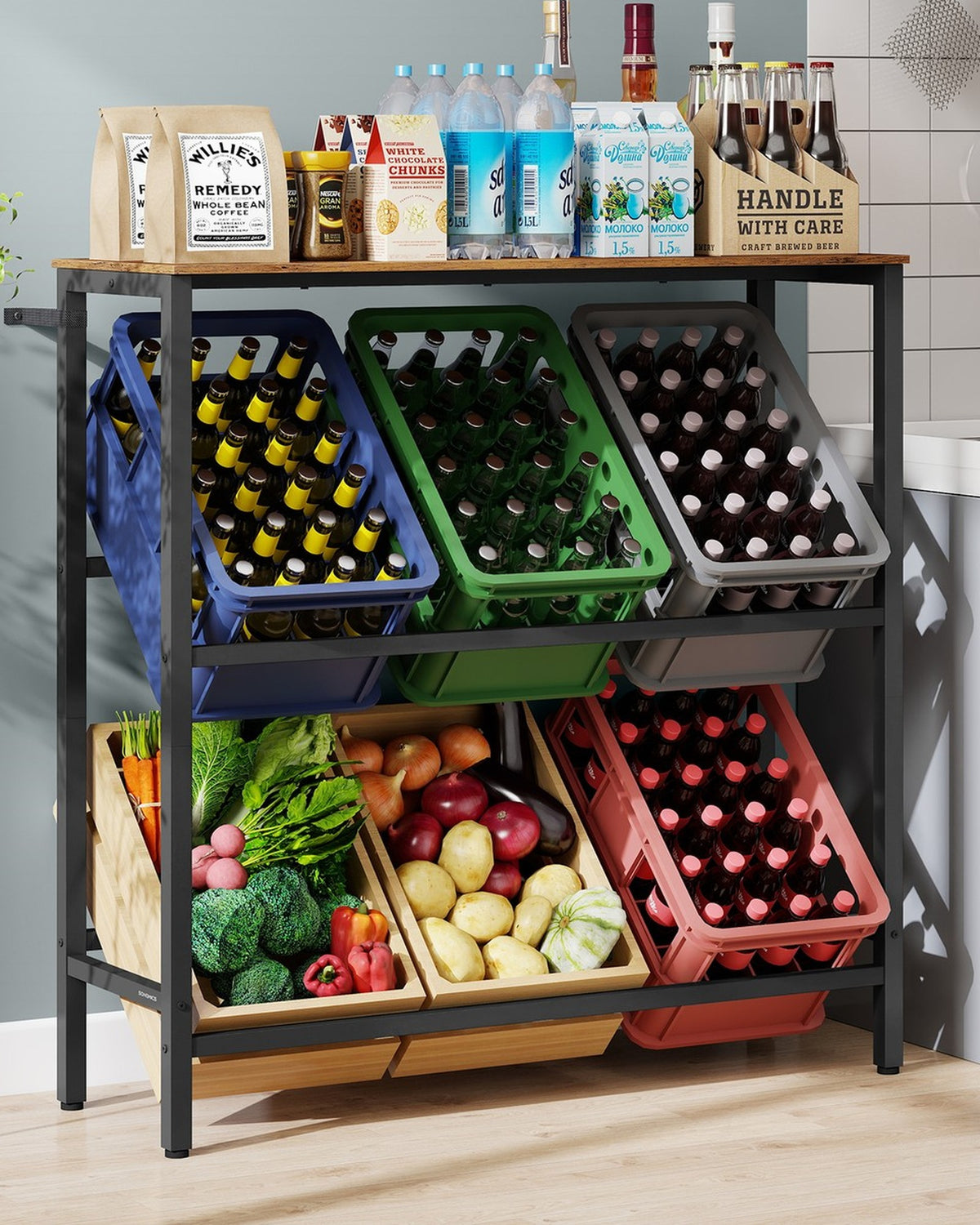 Drankkrattenrek met Bovenblad – 2 Schuine Etages – Stalen Frame – Voor 4 of 6 Kratten – 117 cm Hoog
