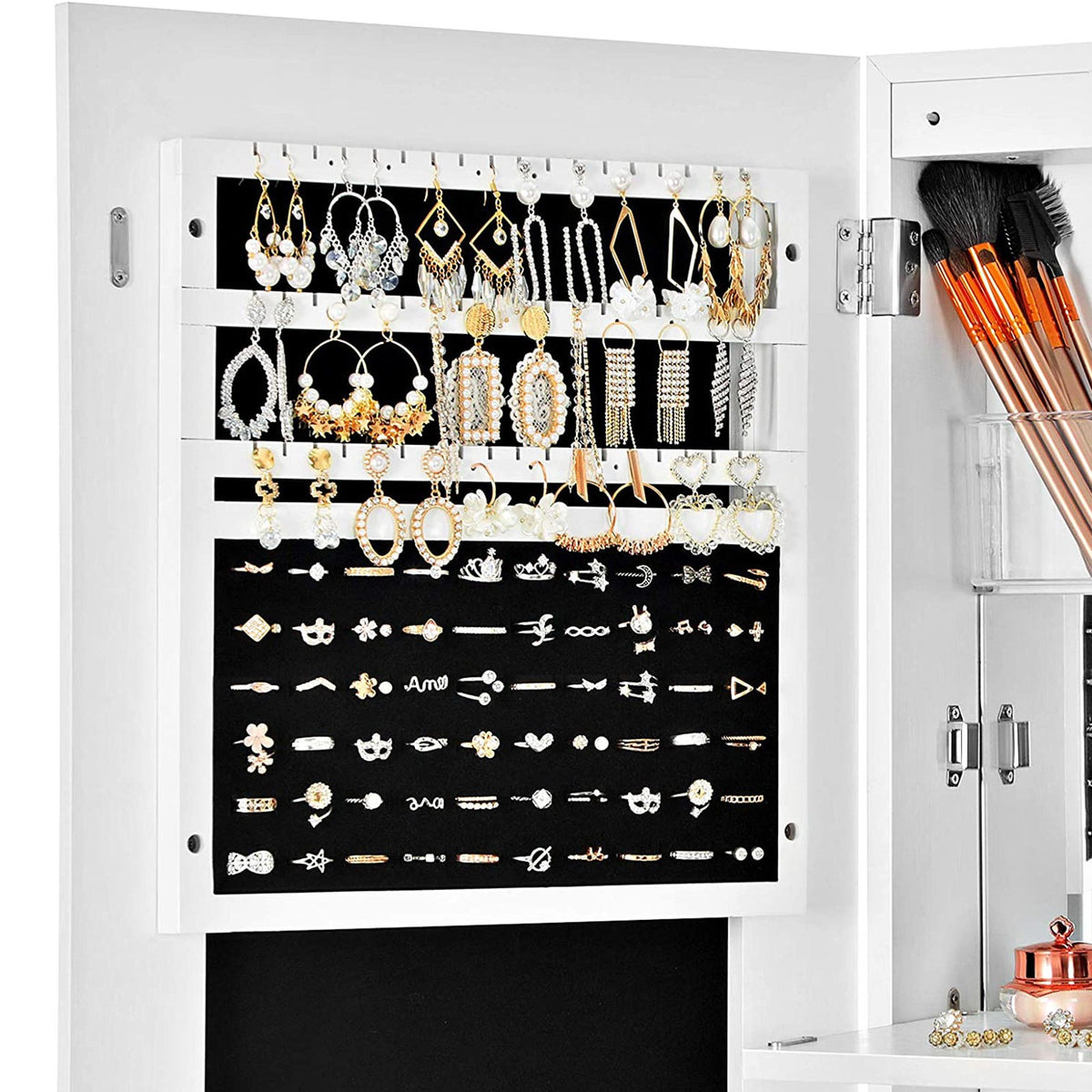 Hangende Sieradenkast met Frameloze Spiegeldeur – Binnenspiegel & Klapplank – Afsluitbaar – Wit – 110 cm