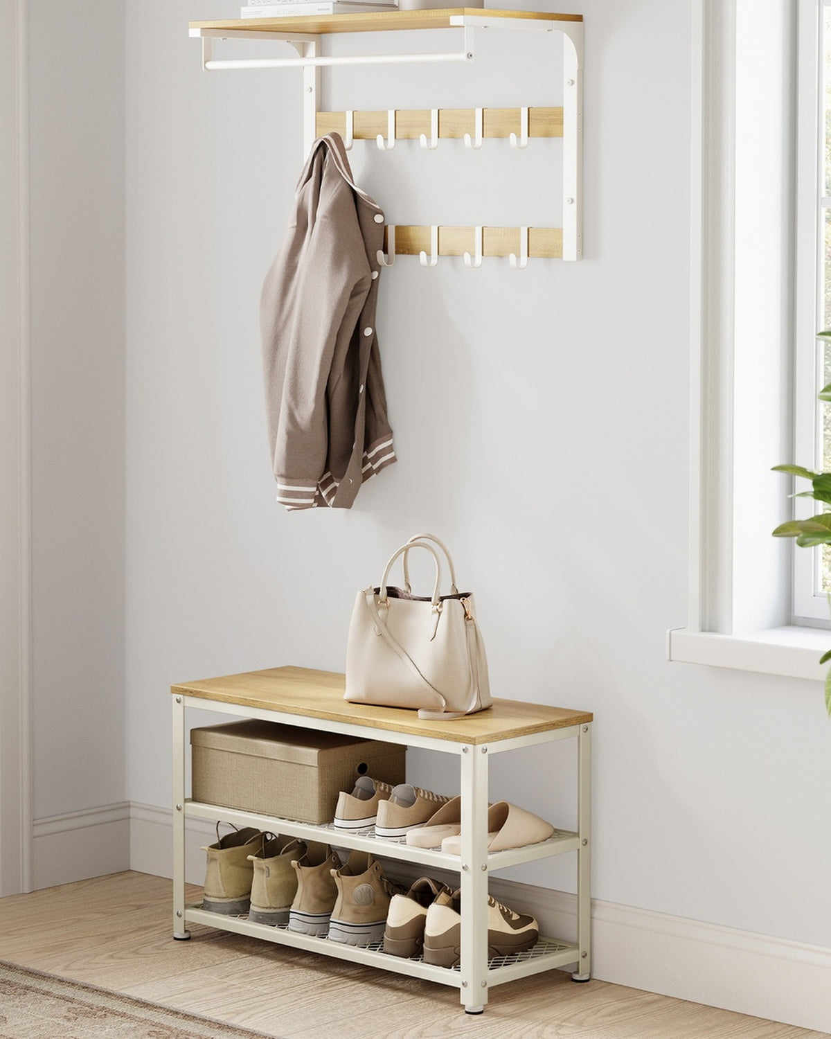 Schoenenbank met 2 Gaasplanken – Zitbank tot 90 kg – Stalen Frame & Verstelbare Voetjes – 73 cm