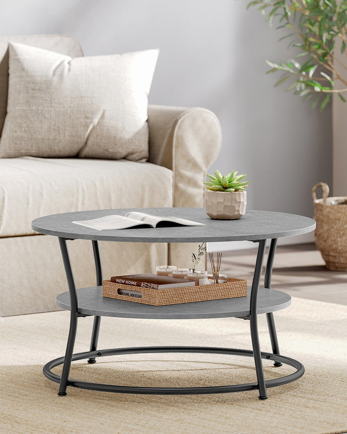 Ronde Salontafel met Onderplank – 2 Niveaus – Gebogen Stalen Poten met Ring – Ø 80 cm