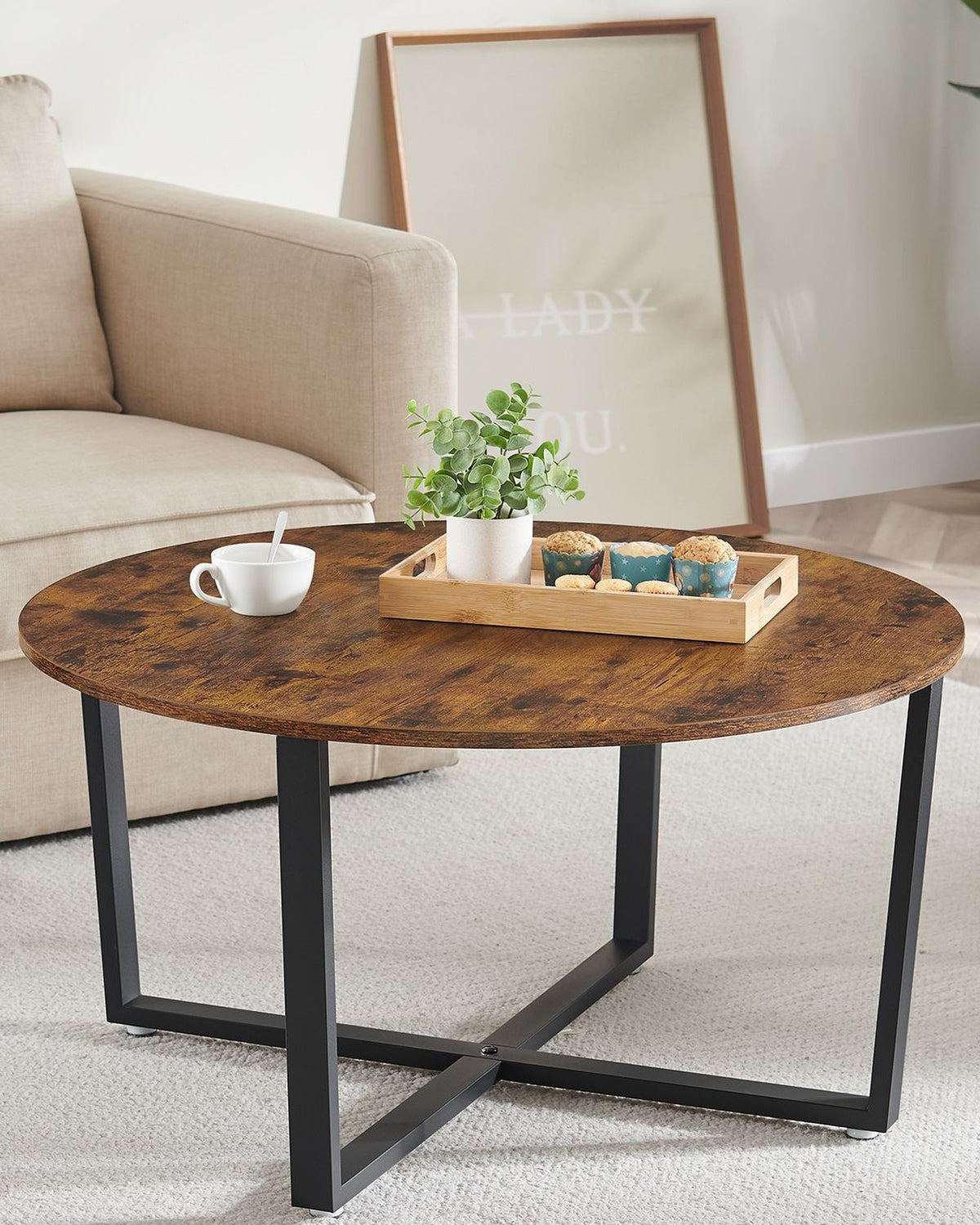Ronde Salontafel Industrieel – Stalen Kruisframe – Vintage Bruin – Tot 100 kg – Ø 88 cm