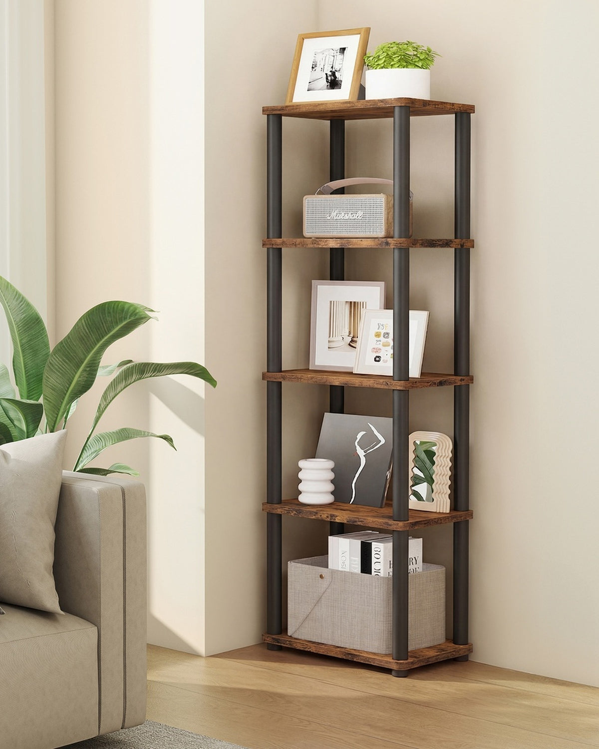 Industriële Boekenkast met Gereedschapsloze Montage – Stalen Buizen – 5 of 6 Niveaus